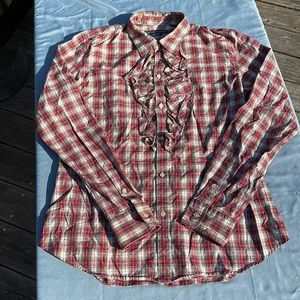 Ralph Lauren button down western style plaid shirt  w ruffle accent red,white 12